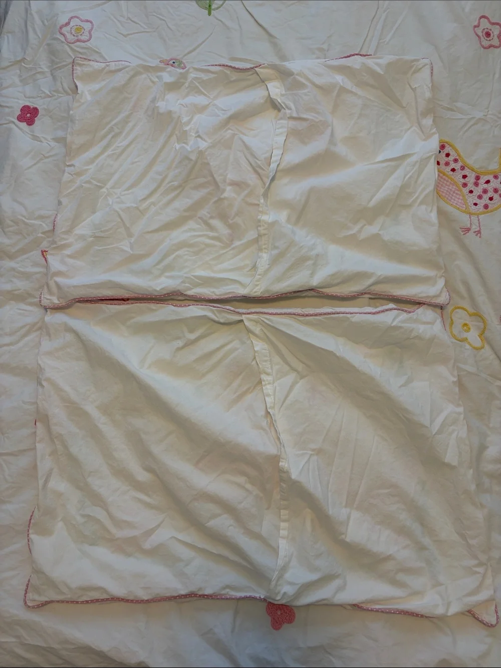 Pottery Barn Kids Full/Queen White Pink Embroidered Crewel Birds Flowers Duvet